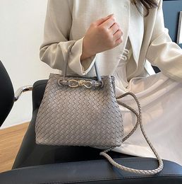 Factory outlet women shoulder bags 6 colors classic hand-woven retro handbag French thick leather backpack popular buckle fashion bucket bag 420#