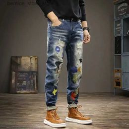 Men's Jeans Jeans for Men Torn Embroidery Trousers with Holes Tapered Male Cowboy Pants Star Ripped Broken 2023 Trend Stylish Y 2k Vintage Q231212