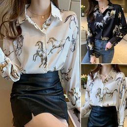 Women's Blouses Women Spring Shirt Horse Print Lapel Single-breasted Long Sleeves Cardigan Commute Loose OL Style Age Reducing Blouse Lady