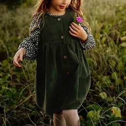 Girl Dresses 2023 Vintage Dress For Kids Autumn Plain Corduroy Single Breasted Sleeveless Korean Clothes Girls From 2 To 7 Years