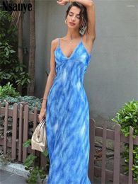 Casual Dresses Fashion Elegant Backless Women Sexy Maxi Evening Party Club Summer Dress 2023 Sleeveless Tie Dye Print Long Wrap