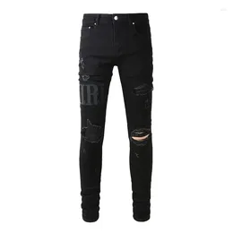 Men's Jeans High Street Style Men Distressed Light Blue Black Embroidered Patch Skinny Stretch Ripped Streetwear Destroyed Holes Brand