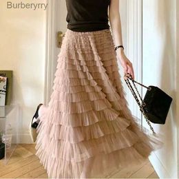 Skirts Autumn Korean Style Mesh Puffy Cake Long Skirt Elegant Vintage Elastic Waist High Waist Ball Gown Gauze Tulle SkirtL231212