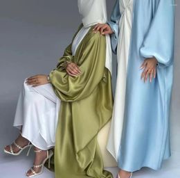 Ethnic Clothing Satin Open Abaya Kimono Turkey BubbleSleeve Plain Abayas For Women Dubai 2023 Muslim Dress Islam Modest Outfit Kaftan Hijab