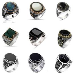 30 Styles Vintage Handmade Turkish Signet Ring for Men Women Ancient Silver Color Black Onyx Stone Punk Rings Religious Jewelry229T