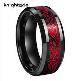 8mm Men's Black Celtic Dragon Ring Tungsten Carbide Rings Red Carbon Fibre Wedding Bands Fashion Couple Jewellery Ring Comfort 311W