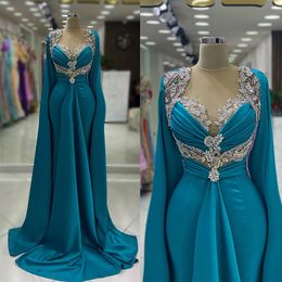 Blue Mermaid Evening Dresses Crystal Beads O Neck Red Carpet Dress Long Sleeves Formal Prom Gowns Elegant vestido de novia