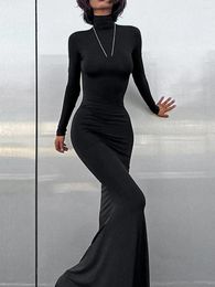 Casual Dresses Women Y2k Bodycon Long Dress Elegant Turtleneck Sleeve Maxi Fall Slim Fitted Lounge Cocktail