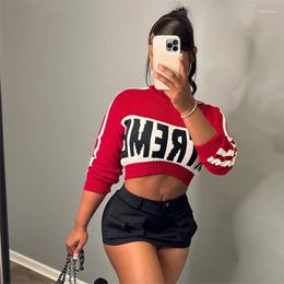 Women's Sweaters Autumn Versatile Fashion Knitted Letter Long Sleeved Pullover Slim Fit Open Navel Sweater