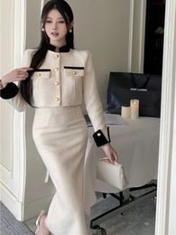 Two Piece Dress Two Piece Set Women Skirt Autumn Workplace Small Fragrance Stand Long-sleeve Tweed Jacket Fashion Midi Pencil Skirt 231212