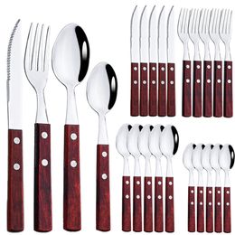 Cookware Sets 24Pcs Cutlery Wooden Handle Set Stainless Steel Tableware Knife Fork Tea Spoon Silverware Western Flatware 231211