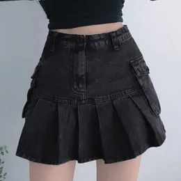Skirts Jeans Mini Skirt Women Punk Black High Waist Korean Fashion With Big Pockets Pleated Casual Streetwear