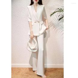 Women's Two Piece Pants 2023 Summer Women Pieces Sets Half Sleeve Blazer Coat Tops And Long Flare Trousers Suits