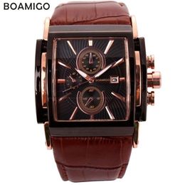 BOAMIGO men quartz watches large dial fashion casual sports watches rose gold sub dials clock brown leather male wrist watches 210277F