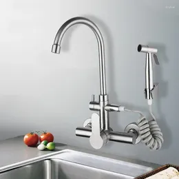 Kitchen Faucets Wall Mount Faucet Stainless Steel Swivel Dual Hole Sink Tap With Bidet Sprayer Shower Head Cold Water Mixer