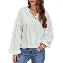 Women's Blouses Women Chiffon Blouse Lantern Long Sleeve White Shirts Tops Spring Solid Color V Neck Loose And Elegant Chemise
