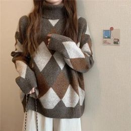 Women's Sweaters Women Vintage Knitted Sweater Fashion Elegant Loose Casual Argyle Pattern Pullover Thicken Warm Turtleneck Tops Female