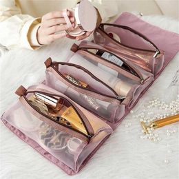 4PCS in 1 Cosmetic Bag For Women Zipper Mesh Separable Cosmetics Pouch Ladies Foldable Nylon Rope Makeup Kosmetyczka 220125211F