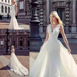 New Arrival A Line Wedding Dresses Deep V Neck Button Back Lace Appliques Bridal Gowns with Removable Skirt Wedding Dresses