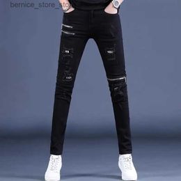 Men's Jeans High Quality Mens Slim-fit Ripped Black Denim Pants Zipper Decors Moto Biker Jeans Pants Stylish Sexy Street Jeans ; Q231213