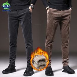 Mens Pants Brand Clothing Winter Fleece Warm Corduroy Men Business Solid Color Wear Korean Grey Brown Work Flocking Casual Trousers 231212