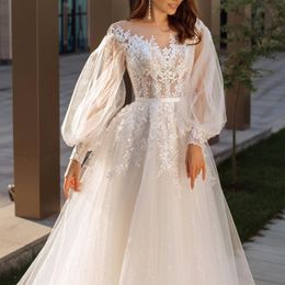 2024 Elegant Boho Wedding Dress Scoop Sheer Lace Appliques Long Sleeves A-line Bridal Party Gown For Woman Vestido De Noiva Robe Mariage