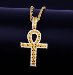 Men039s Ankh Cross Pendant Necklace Gold Silver Copper Material Iced Zircon Egyptian Key of Life Women Hip Hop Jewelry85386786446450