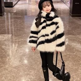 Jackets Girls Faux Fur Winter Children's Clothing Baby Striped Coats Padded Thick Cotton Outerwear Kids Parkas