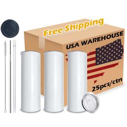 USA CAN Warehouse 20oz Double Walled Sublimation Blanks Mugs Stainless Steel Tumblers with Plastic Straw 1212