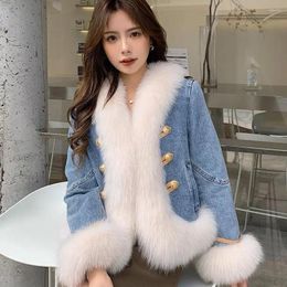 Women's Jackets Winter Women Denim Spliced Down Cotton Liner Coat Faux Fur Edge Short Mink Patchwork Jeans Jacket Parkas Cardigan Tops