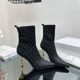 New Moneta High-heeled shoes Women's pointy toe pullover fabric fashion ankle boots with stiletto heels Runway black full of diamond sheepskin black 9.5cm