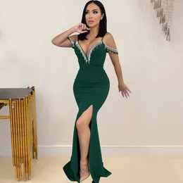 Casual Dresses Cutubly Women's Fringe Prom Dress Drop-shoulder V-Neck Side Split Bodycon Green Robe Fall Clothes Evening Party Mermaid