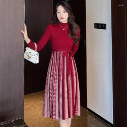 Casual Dresses Autumn Winter Half High Collar Knitted Sweater Dress Fashion Women Contrast Colours Plaid Lace Warm Pleated Midi Vestidos