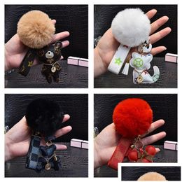 Key Rings Cute Pompom Keychains Fashion Cat Teddy Bear Designer Chain Ring Gifts Women Pu Leather Car Buckles Bag Charm Accessories Me Dh1Qu