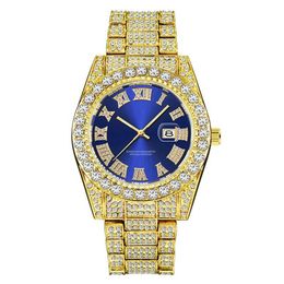 Wristwatches Luxury Gold Roman Bling Hip Hop Full Iced Out Watch Quartz Blue Diamond Watches Men Silver Diomand Reloj De Diamantes2461