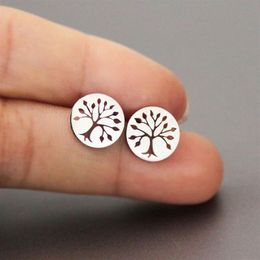 Everfast New Round Gem Tree Earring Minimalistic Tree of Life Stainless Steel Earrings Studs Fashion Ear Jewellery For Women Girls T356R