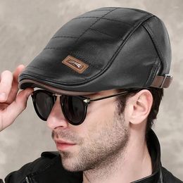Berets Retro Beret Leather Hat Flat Warm Autumn Winter Men's Adjustable Hats High Quality