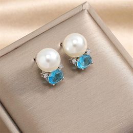 Stud Earrings MASA Korean Fashion Pearl For Women High-end Simple Blue Zircon Earring Sea Light Luxury Jewelry