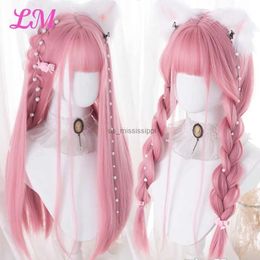 Cosplay Wigs LM Cosplay Wig With Bangs Synthetic Straight Hair 24 Inch Long Heat-Resistant Pink Wig For WomenL240124