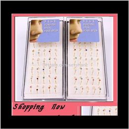 Studs Hoop Ring 40Pcs Lot Mix 6 Color Cz Gem Body Jewelry Piercing Stud Gold Nose Rings 2Uonp268t