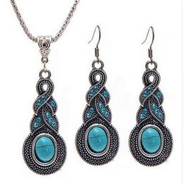 Selling European Chain Pendant Necklace Jewelry Set Vintage Pattern Blue Crystal Jewelry Necklace Earrings Gifts for girls JQ418335t