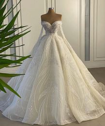 Stylish Off Shoulder Wedding Dresses Pearls Beaded Long Sleeves Bridal Gowns Custom Made Romantic Lace Vestido de novia