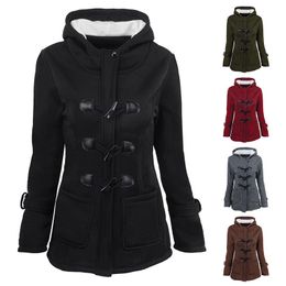 European and American Autumn/Winter Plus Size Women's Mid-length Hooded Solid Coloured Coat Perfect for Urban Fashion Patchwork Design