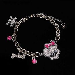 Charm Bracelets Y2K Accessories Pink Bowknot Rhinestone Skull Bracelet for Women Fashion Gothic Bone Thick Chain Charm Bracelet Harajuku JewelryL231214