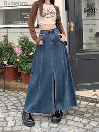 Skirts GUUZYUVIZ Vintage Blue A-line Split Hem Denim Long Women Skirt Loose High Waist Jean Skirts For LadiesL231212