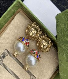 Luxury Big Pearl Earring Charm Classic Tiger Ear Stud Retro Colour Diamond Earrings Women Party Ear Jewellery With Box5039151