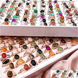 Band Rings Retro 30Pcs/Lot Natural Gem Stone Band Rings Newest Beautif Bohemia Style Mixed Golden Siery Lovers Charm Jewellery Fashion W Dhrsu