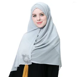 Ethnic Clothing Women Muslim Pearl Chiffon Soild Colour Wear 180CM Long Hijab Arabia Islamic Wrap Scarvs Full Cover Diamond Inner Shawl