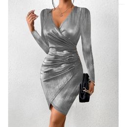 Casual Dresses Sexy Slim Fit Dress 2024 Fashion V-neck Split Solid Colour Tight Women's Elegant Button Fold Irregular Bodycon