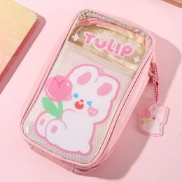 Kawaii Cartoon Multi-Layered Pencil Case Gauze Mesh Pencilcase Pen Bag Large Capacity Box Pouches For School